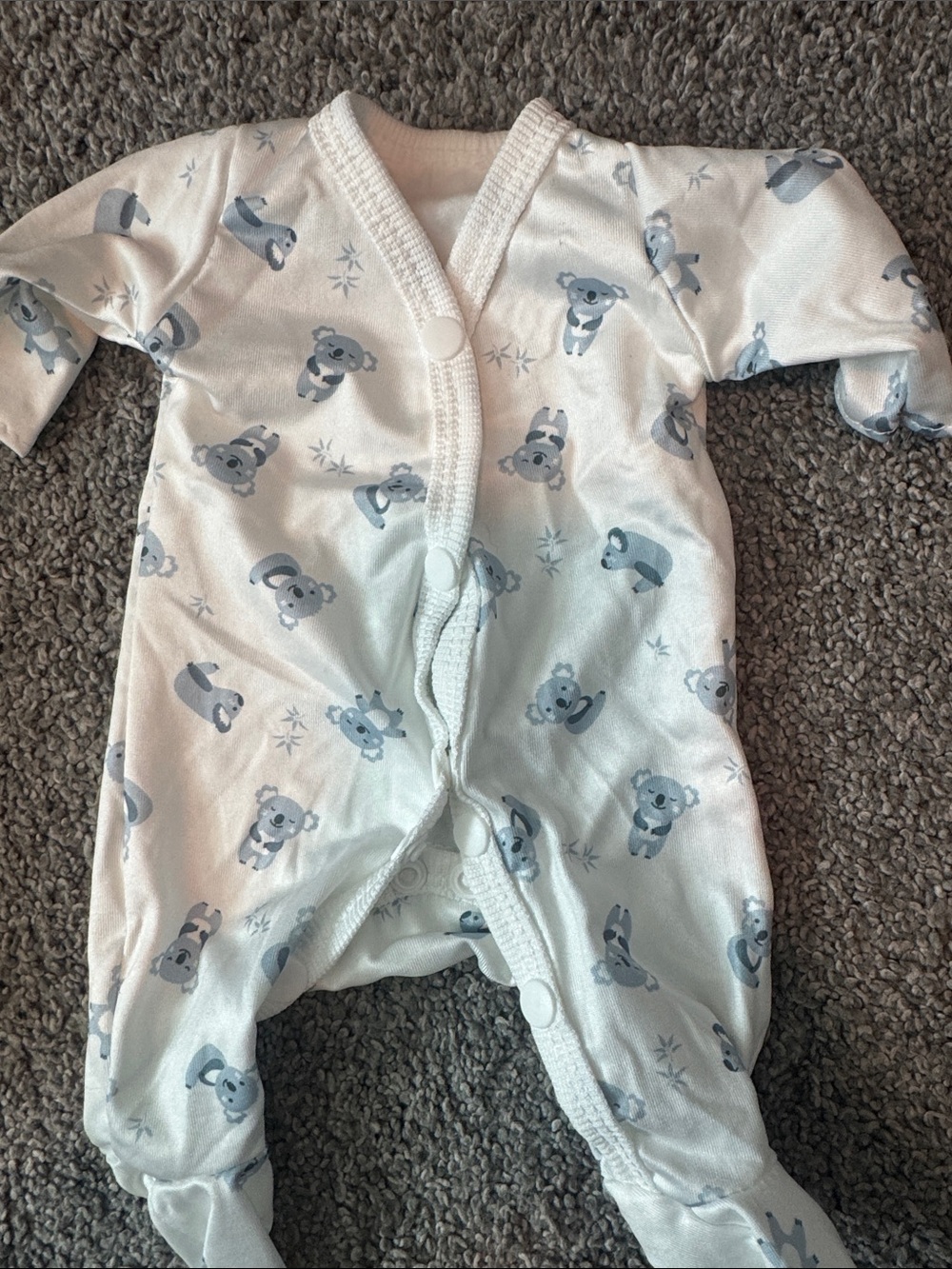 Doll Baby Footed One-Piece onesie in White with Blue koala Bear Print